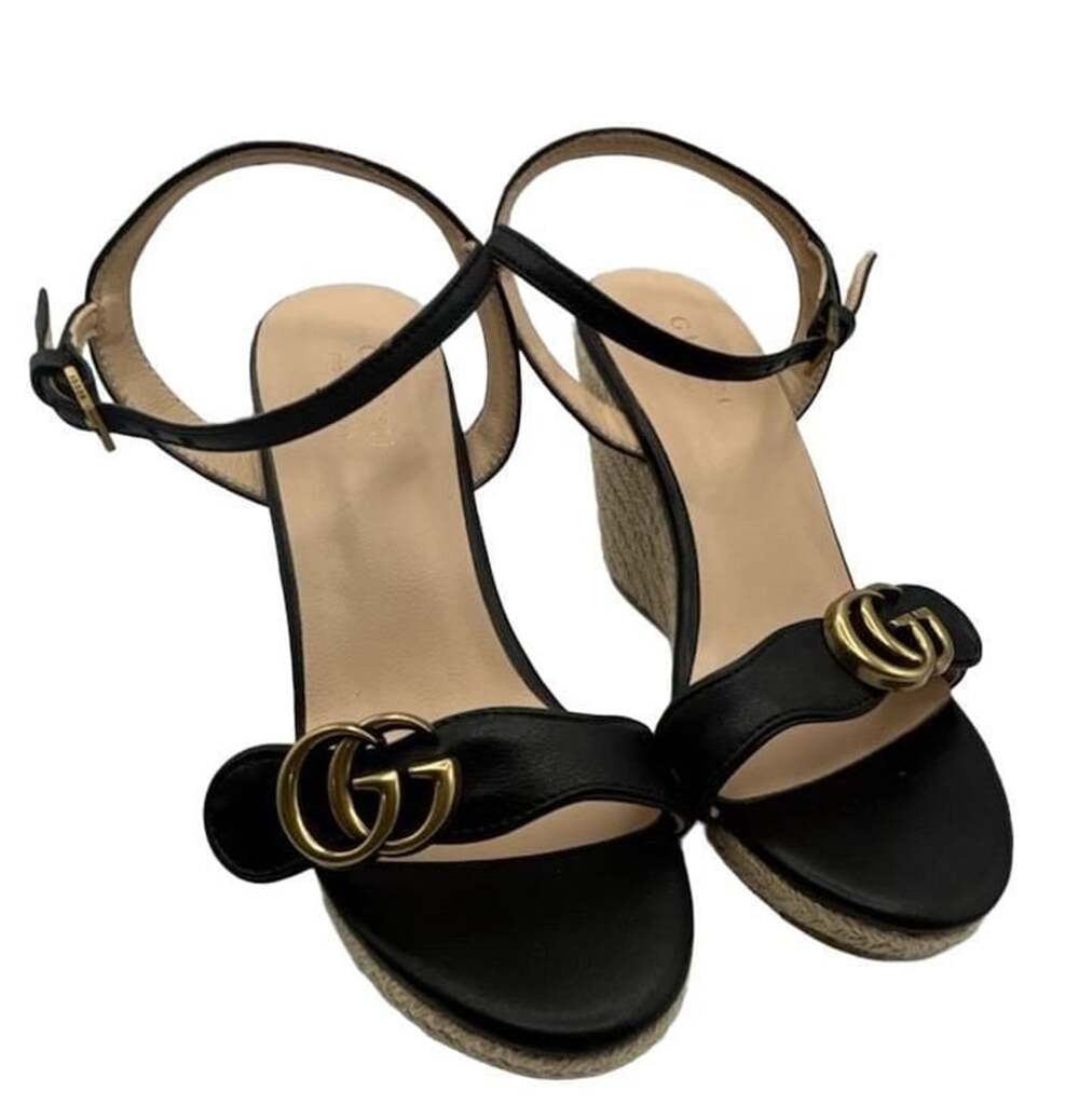 Gucci Double G Wedge Espadrille Size 39 Sandals Black